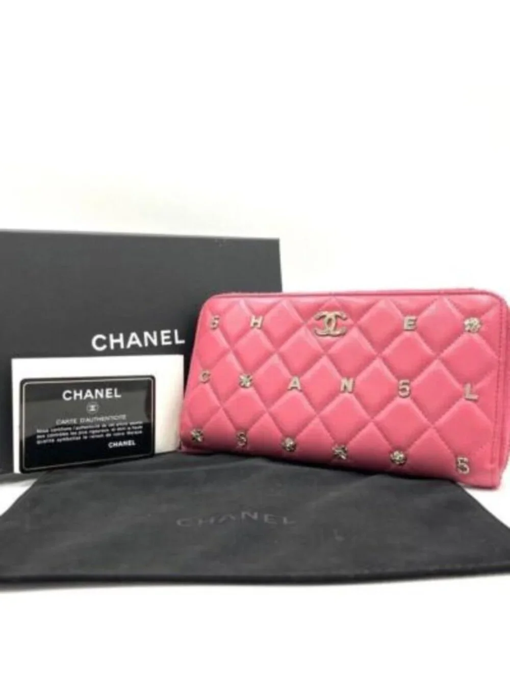 Chanel Pink Lambskin Rhinestone Quilted Long Wallet Lucky Charm Camellia